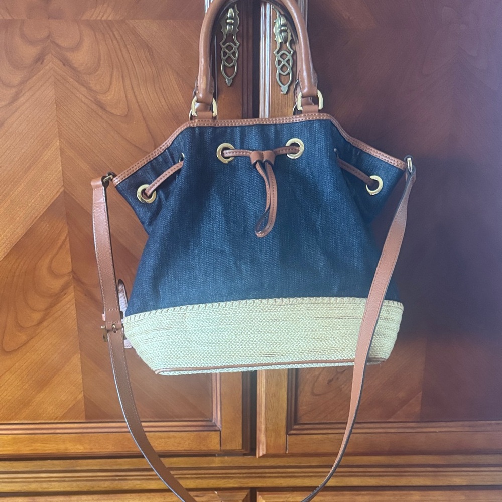 Michael Kors Stylish Denim and Tan Straw Women's Bag, small stain on bottom